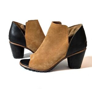 Sorel Nadia Camel Suede Two Tone Black Leather Peep Toe Heeled Ankle Booties 7.5